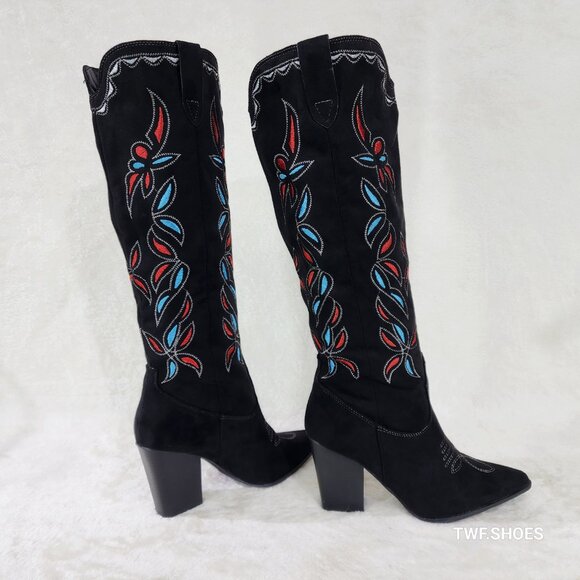 Size 10 Black Faux Suede Western Cowgirl Knee Boots Colorful Embroidered Design - Picture 5 of 10